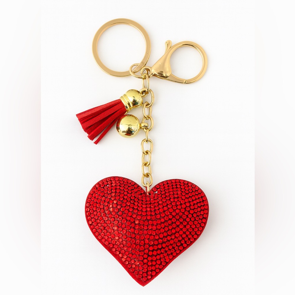 Red Rhinestone Heart Keychain Charm Bag Charm Tassel Gold Hardware New